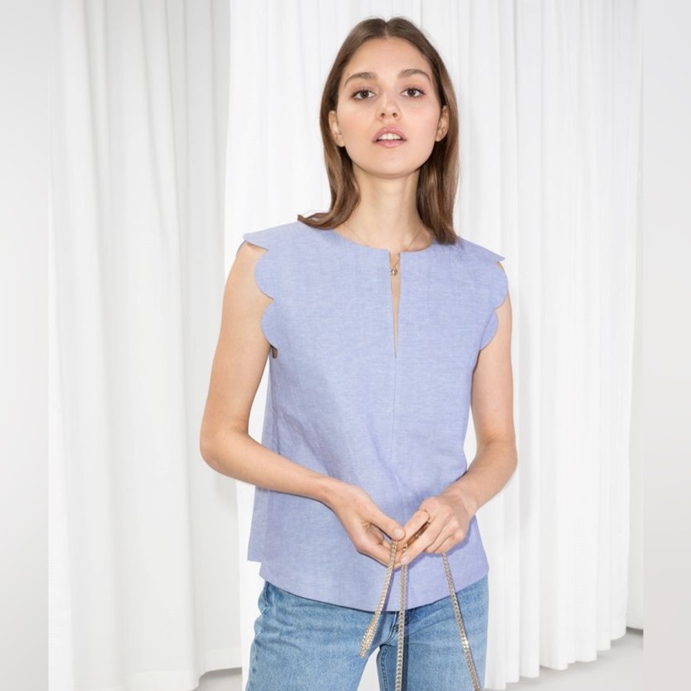 & Other Stories Paris Atelier Linen Scalloped Blouse | Size 2 | Blue